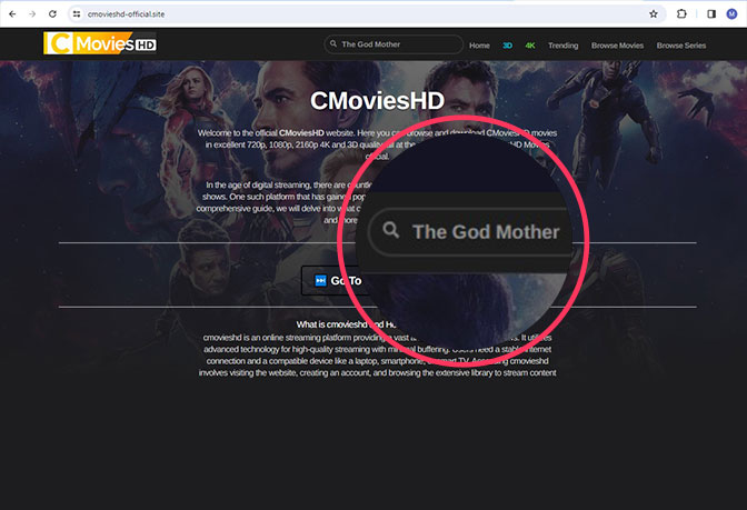 Go to the CmoviesHD website and use the search feature